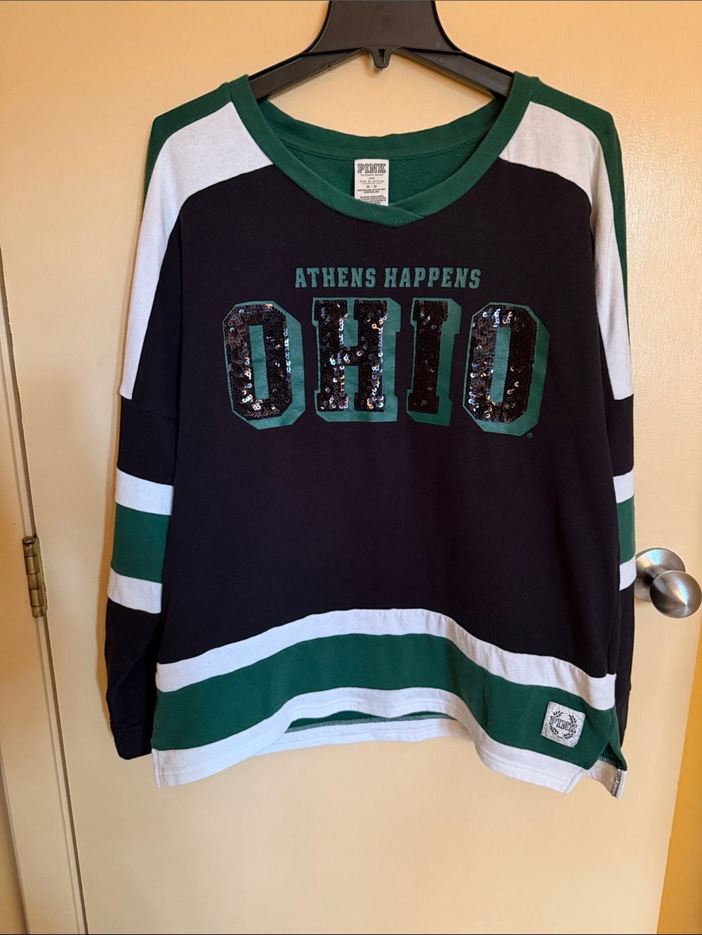 PINK Victoria's Secret Black & Green 'OHIO' Sequin Long-Sleeve Sweater
